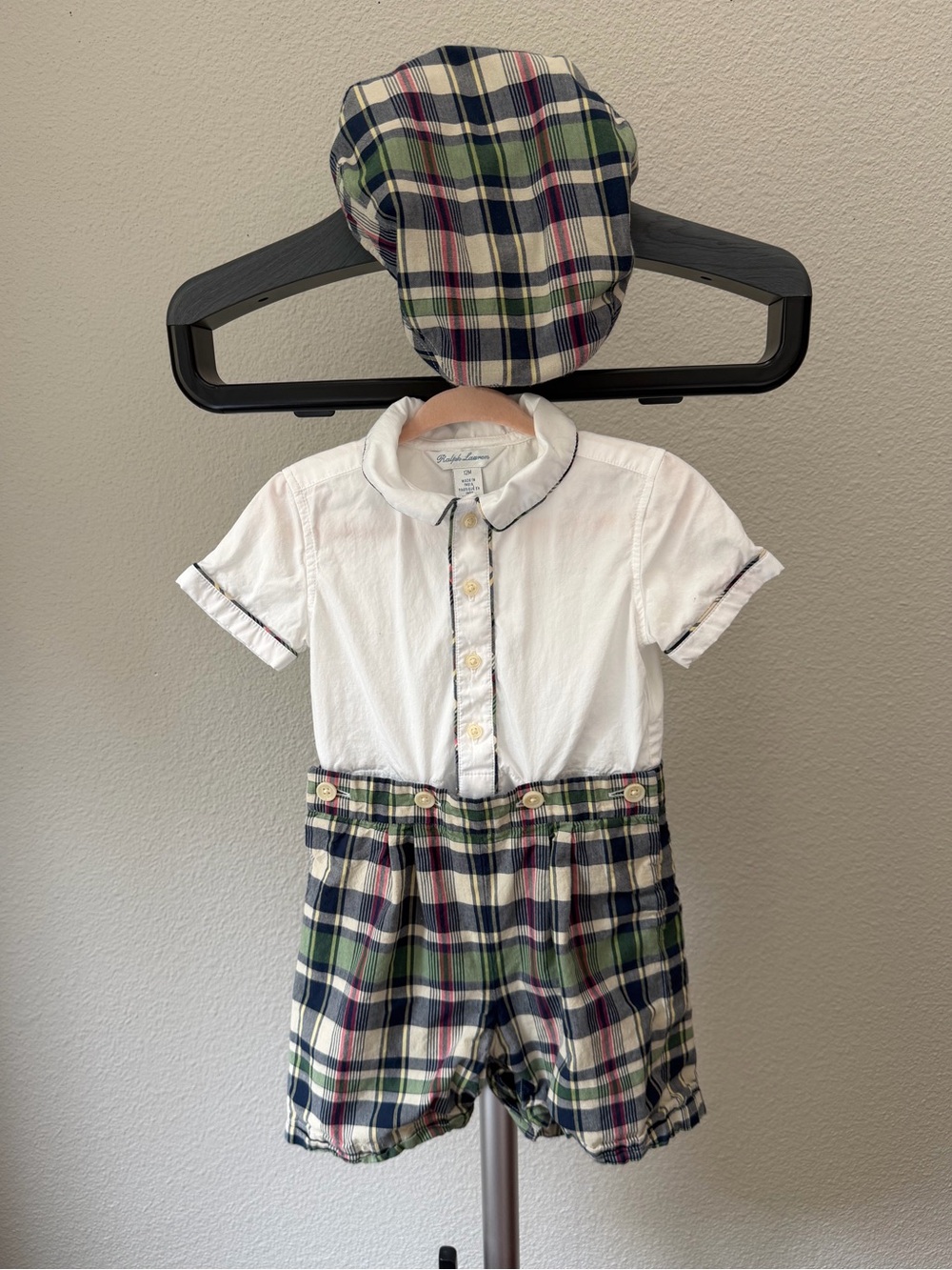 Ralph Lauren Baby Boy Cotton Shirt, Madras Short & Cap Set